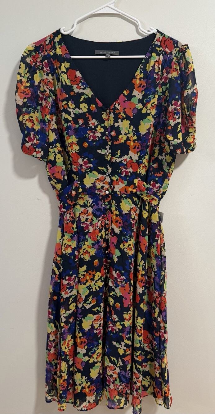 Julia Jordan Floral Fit & Flare Dress 12 NWT Navy Multi Puff Sleeve Belted Read
